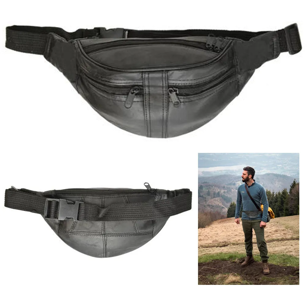 2 Black Leather Fanny Pack Waist Bag Adjustable Travel Pouch Women Men Hip Purse