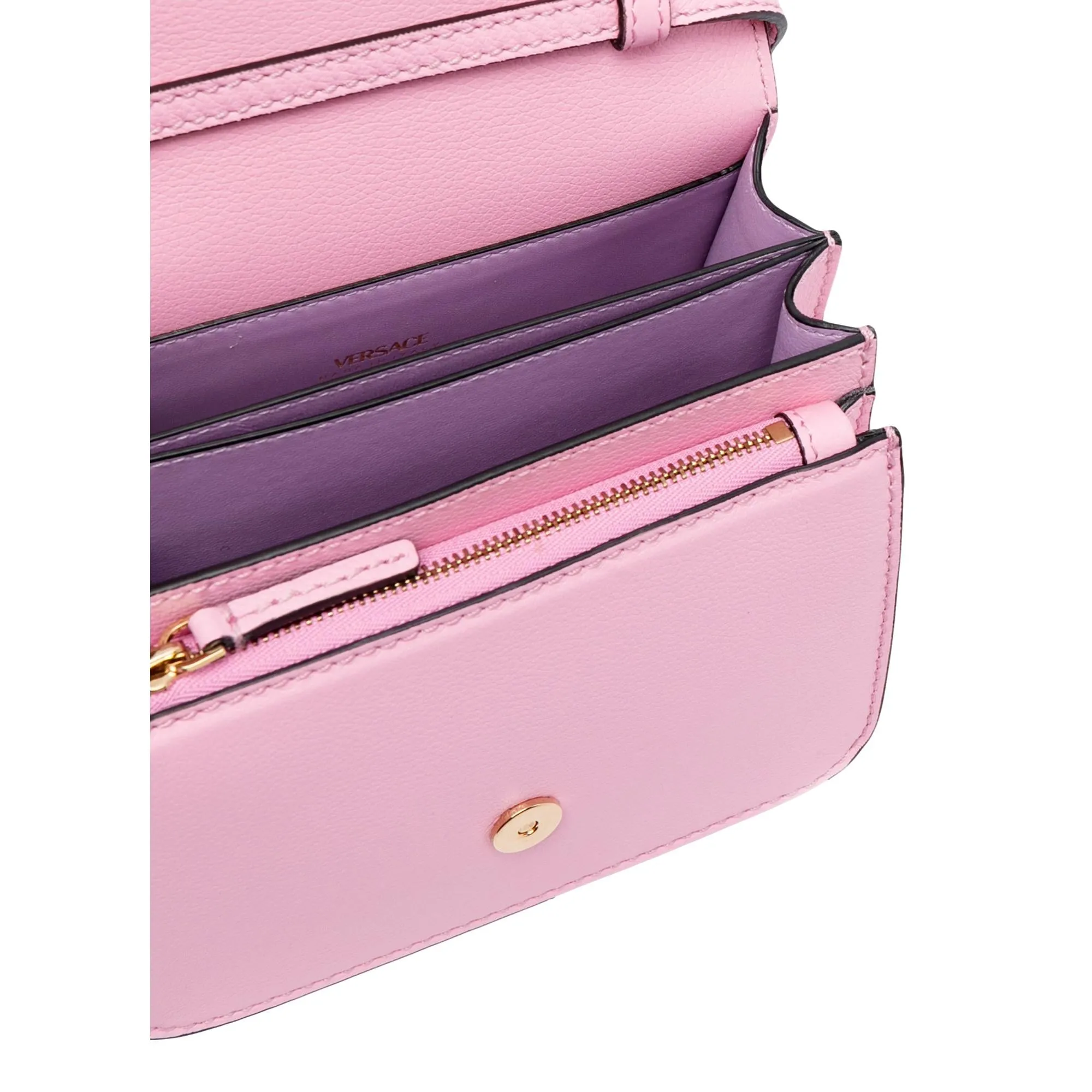 Versace La Medusa Logo Plaque Pink Pebbled Leather Crossbody Bag