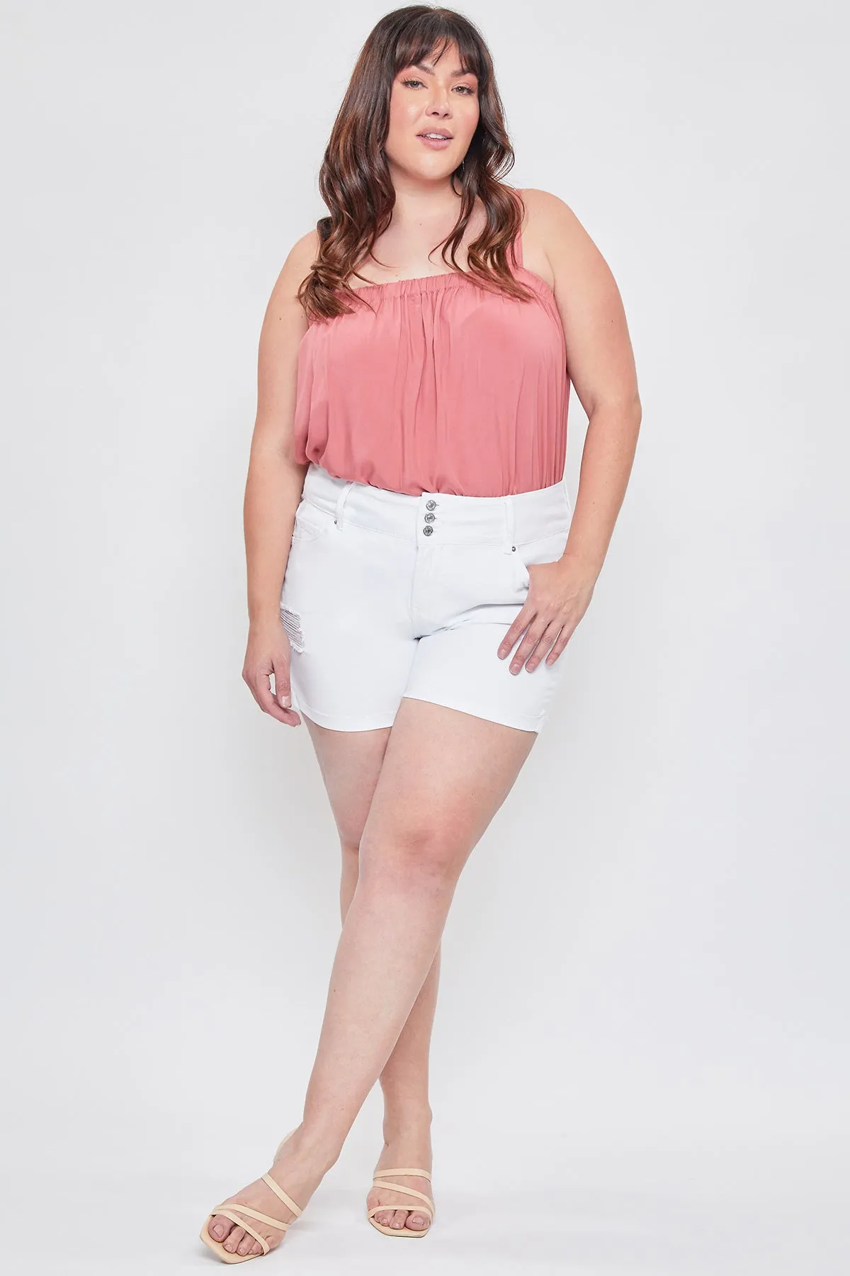 Women's Plus Essential 3-Button Fray Cuff Shorts-Distressed