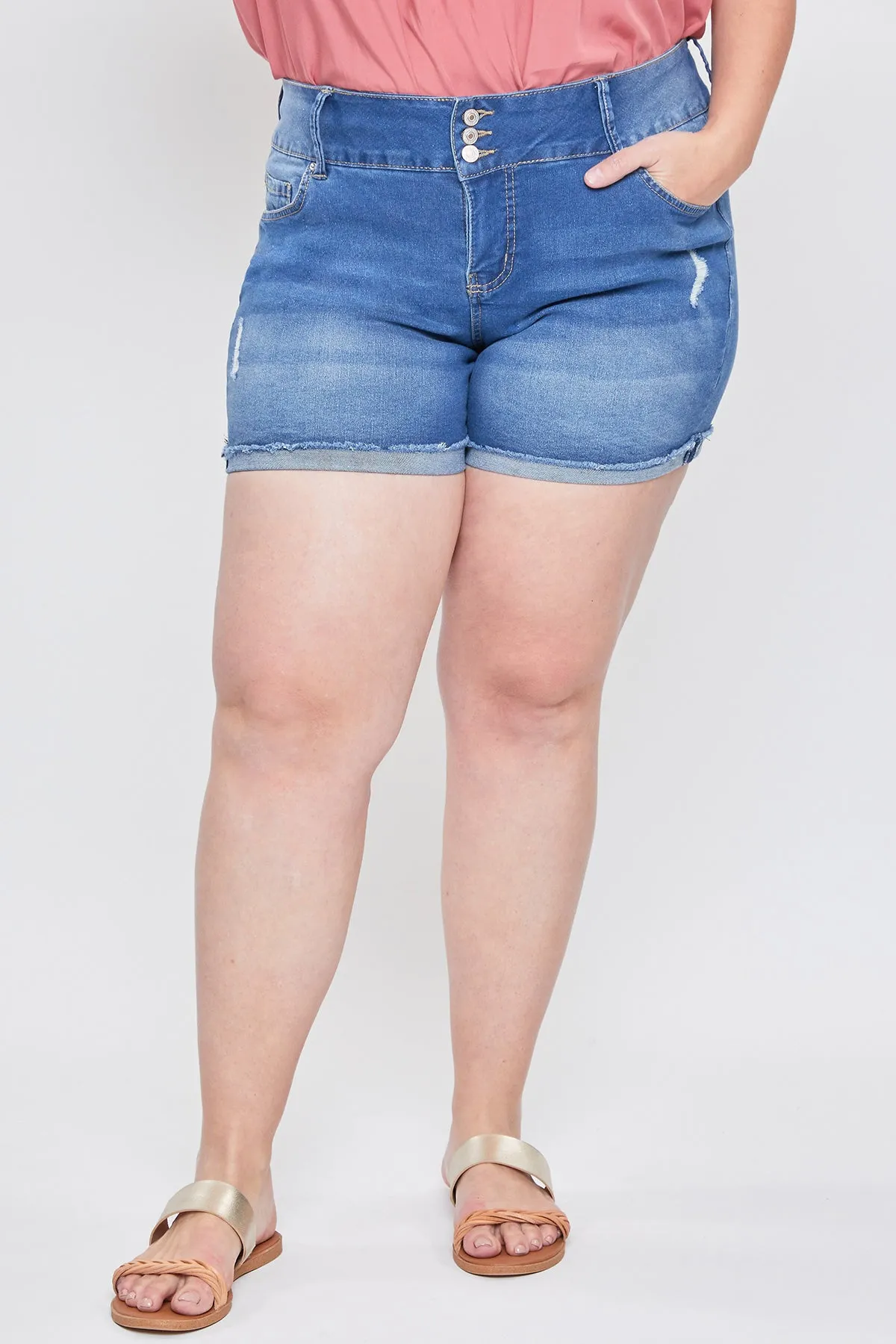 Women's Plus Essential 3-Button Fray Cuff Shorts-Distressed