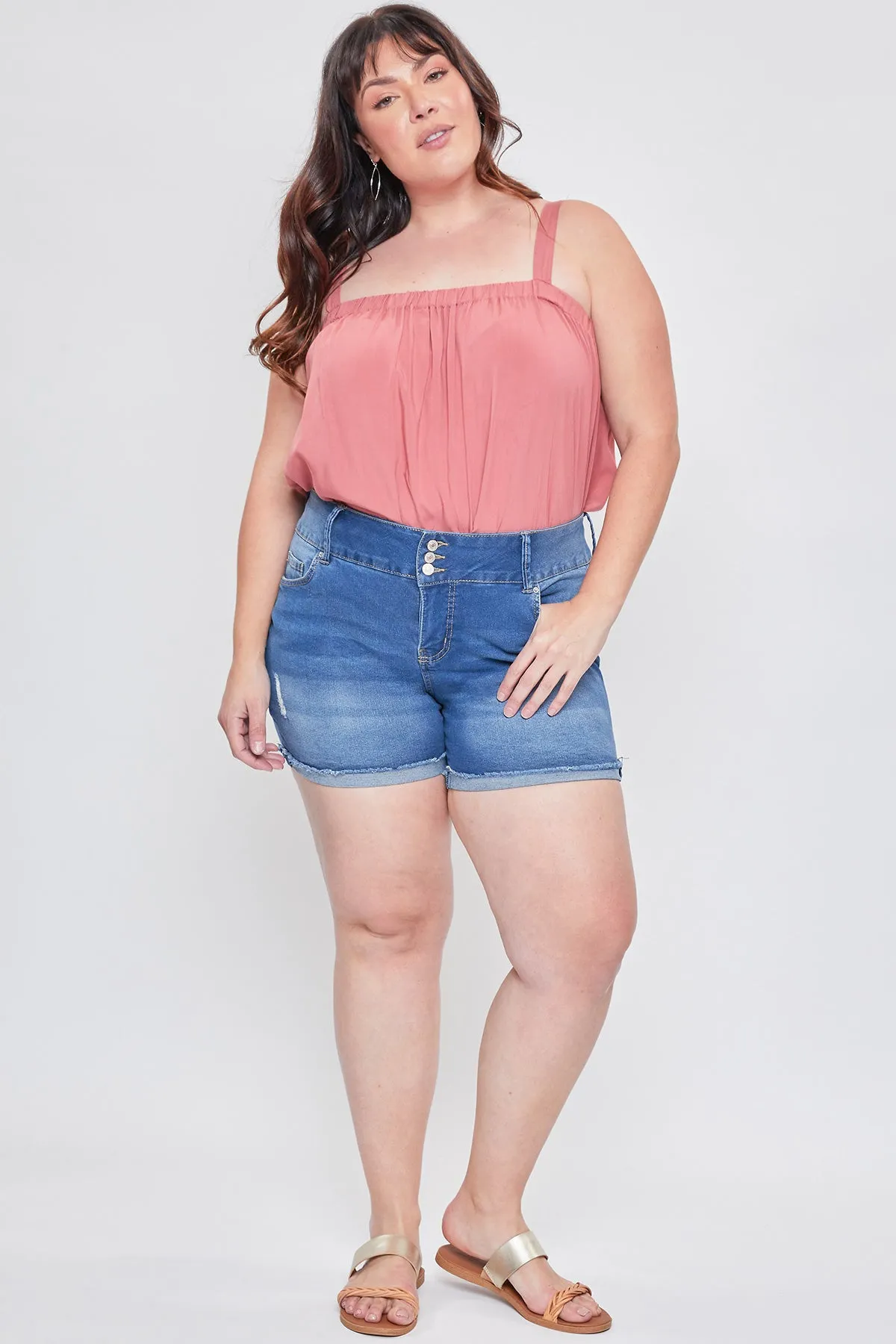 Women's Plus Essential 3-Button Fray Cuff Shorts-Distressed