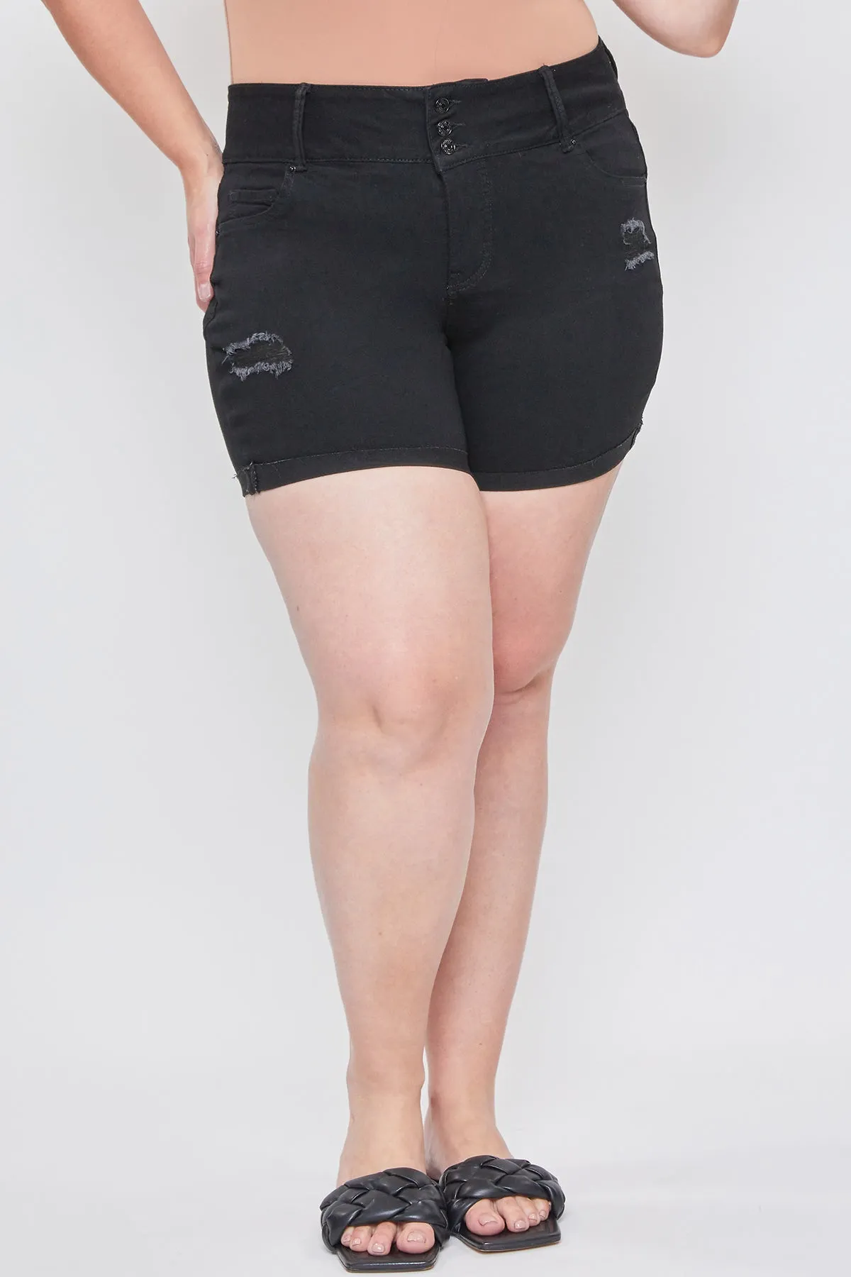 Women's Plus Essential 3-Button Fray Cuff Shorts-Distressed