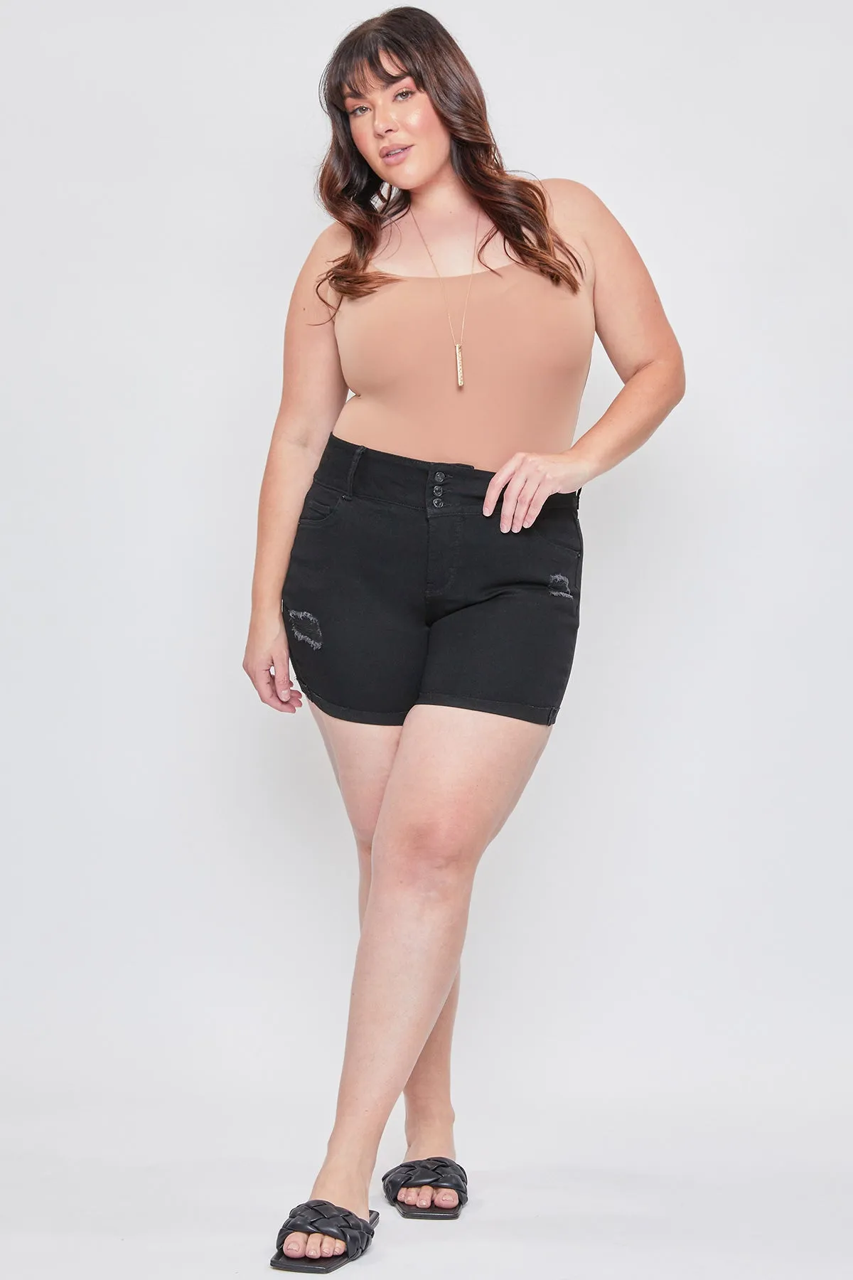 Women's Plus Essential 3-Button Fray Cuff Shorts-Distressed